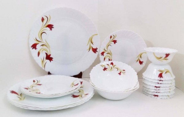 Larah by Borosil Ageria Red LiLy Glass Dinnerware Set, 33-Pieces, White