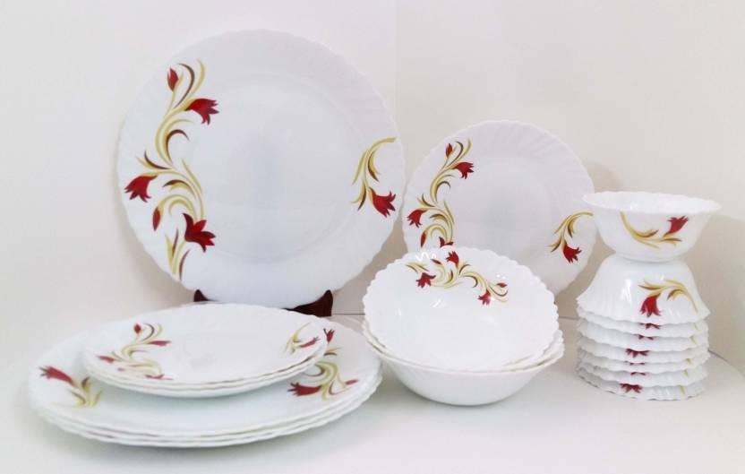 Larah by Borosil Ageria Red LiLy Glass Dinnerware Set, 33-Pieces, White