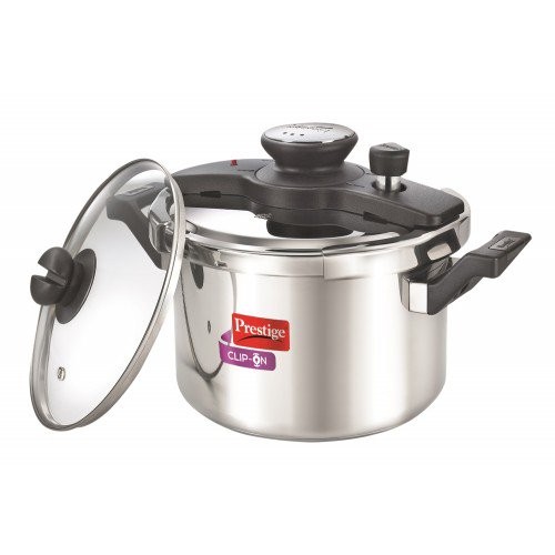Prestige Clip on Stainless Steel 5 ltr pressure cooker with Universal Lid along and glass lid with ladle holder