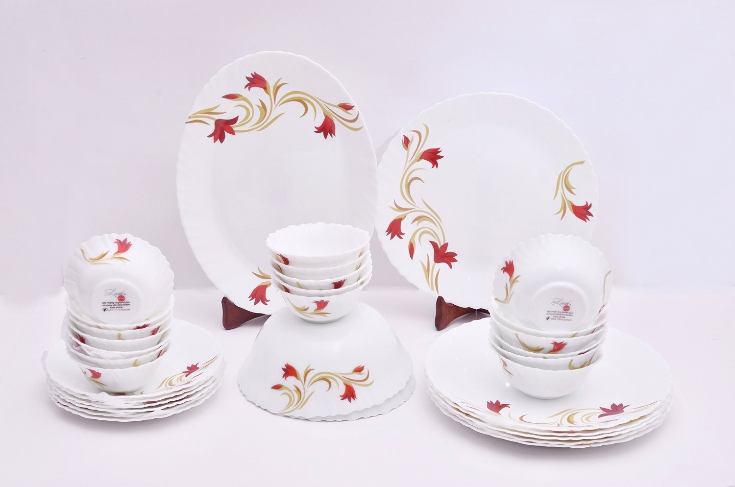 Larah Fluted Red Lily White Dinner Set (33 Pieces) 