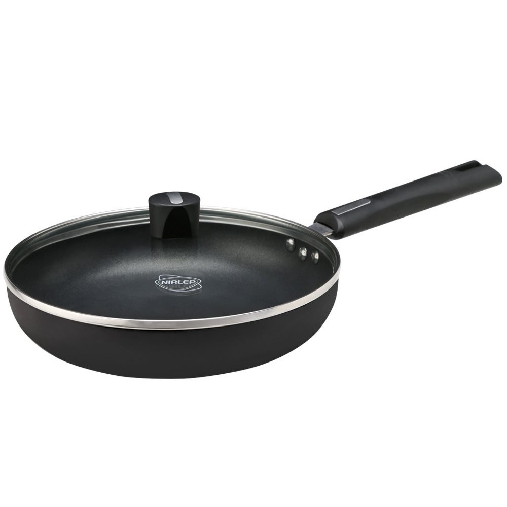 Nirlep Ebony+ Fry Pan with Glass Lid, 1.7 Litres, Deep Grey 