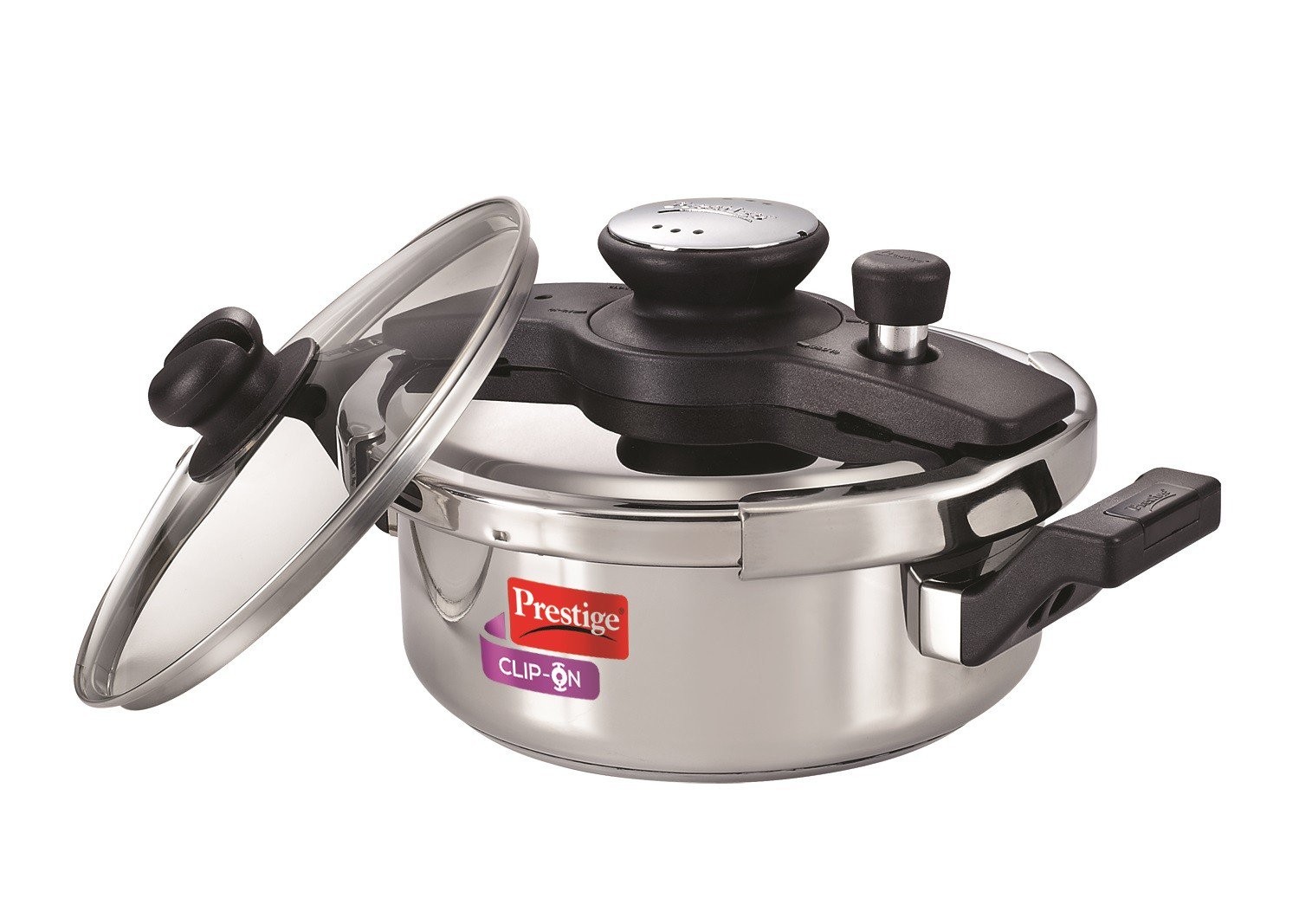 Prestige Clip on Stainless Steel 3 ltr pressure cooker Universal Lid along and glass lid with ladle holder
