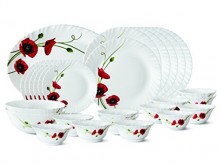 Borosil Larah Red Carnation Opalware Glass Dinner Set, 33-Pieces, White