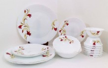 Larah by Borosil Ageria Red LiLy Glass Dinnerware Set, 33-Pieces, White