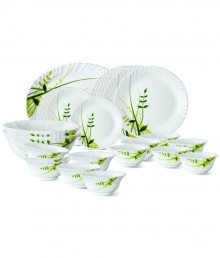 Larah by Borosil Green Herbs Opalware Dinner Set, 19-Pieces, White