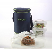 Borosil Microwavable Lunch Box Set of 3 Round Dish 400 ML