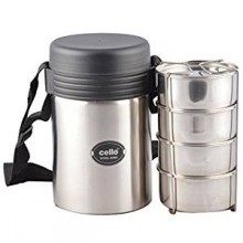 Cello Steel King 4 Stainless Steel Lunch Carrier, Black